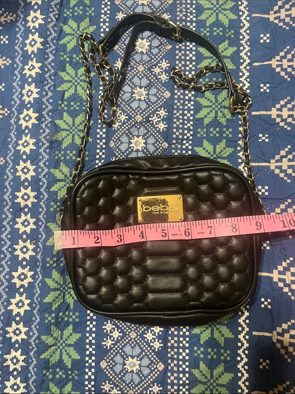 bebe Black Quilted Crossbody with Gold Plate and Chain Strap